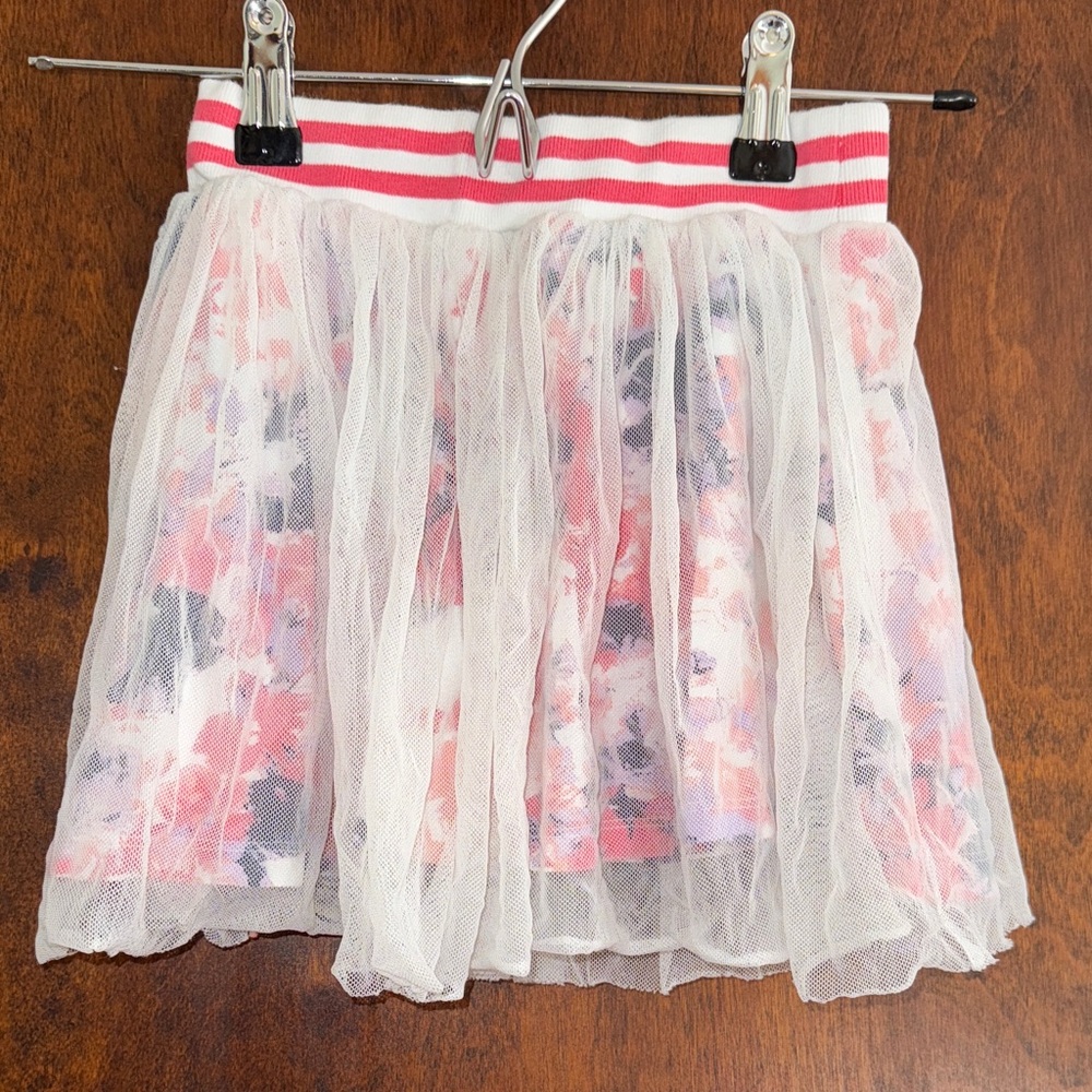Splendid Pink Floral Tulle Skirt with Striped Waistband